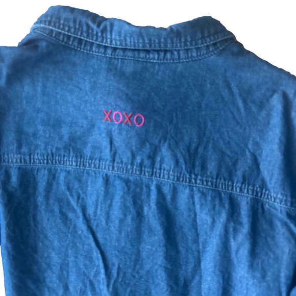 Valentines Hearts embellished Denim Button Down Shirt – Blue – 2X - Picture 3 of 5